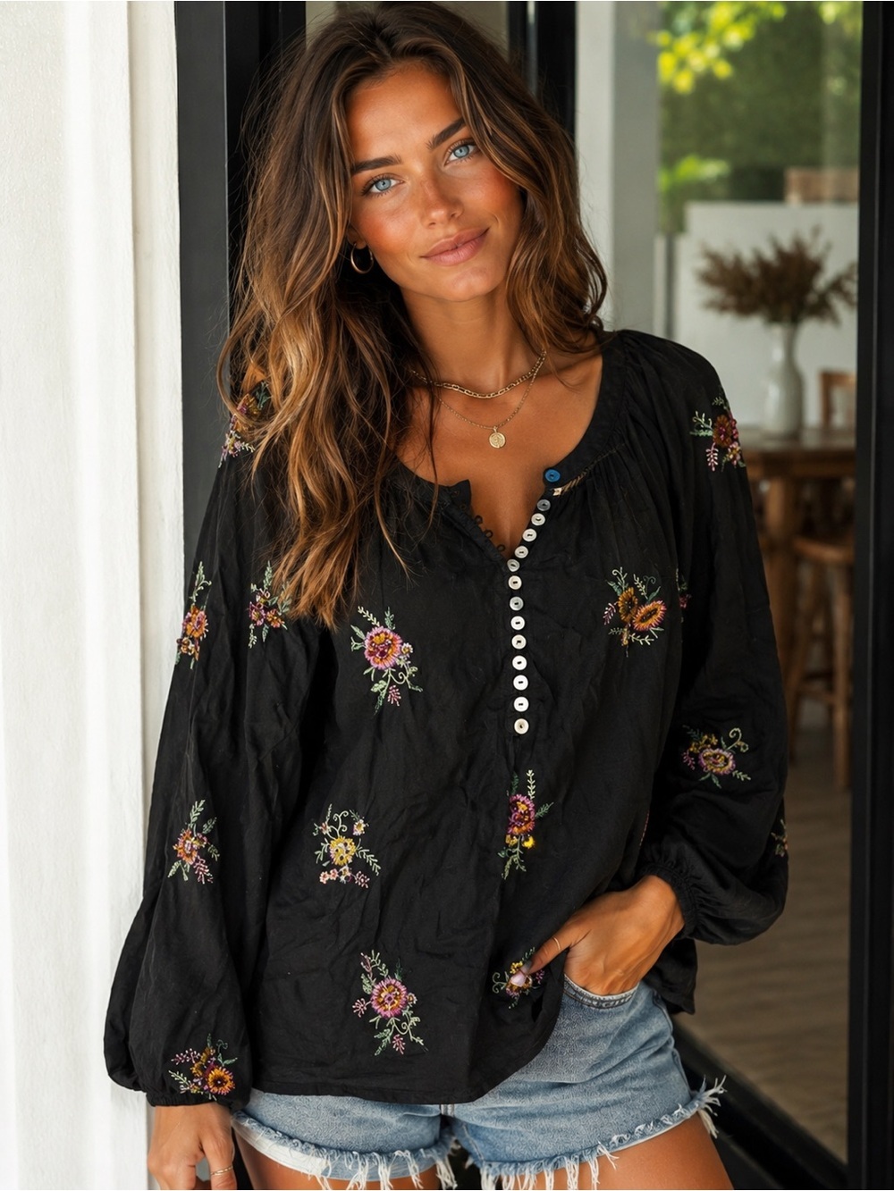 Sfera collection EU large (Medium US) black with embroidery peasant top
